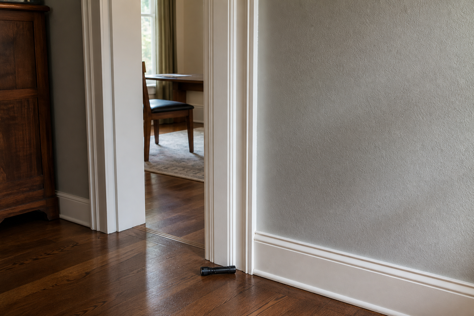 Layered doorway trim beside an intact textured painted wall and an unbranded flashlight on a wood floor.