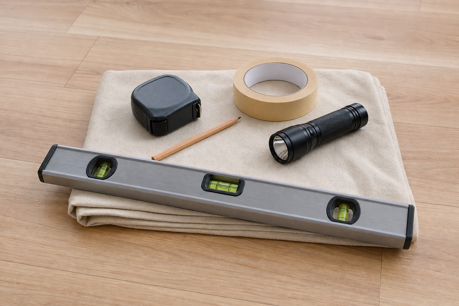 Unbranded spirit level with three transparent bubble vials beside a tape measure, pencil, painter's tape, flashlight, and folded floor protection in a pre-task setup.